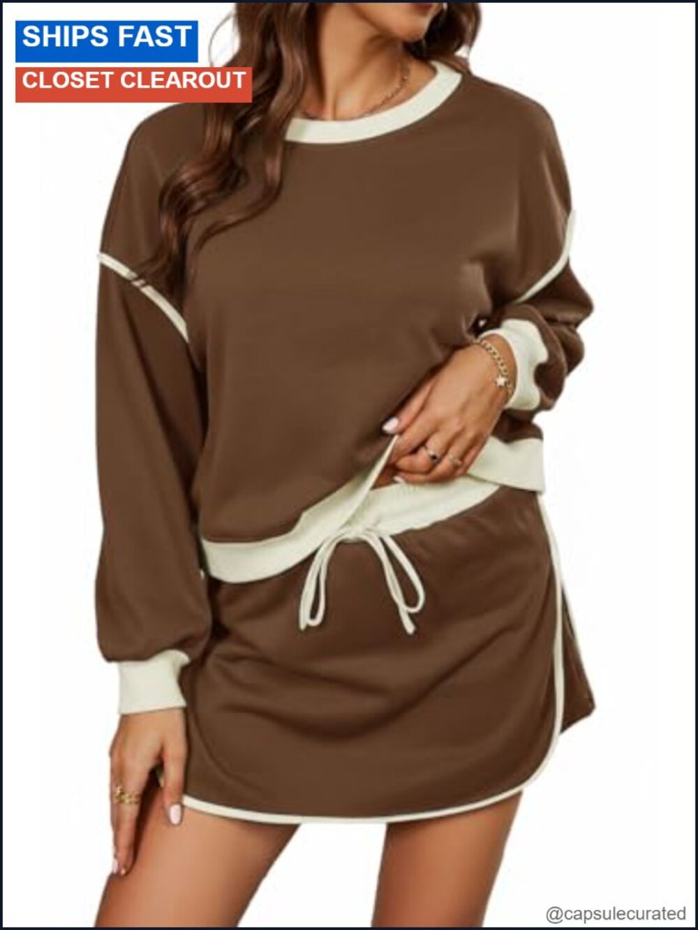 Women's 2 Piece Skort Set Long Sleeve Sweatshirt & Built-in Shorts Skirt